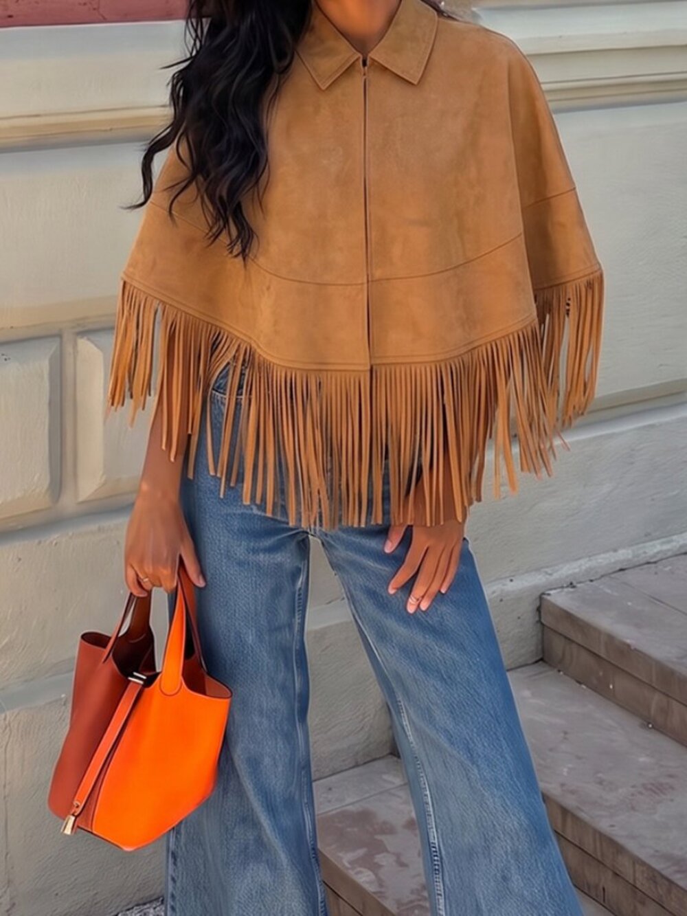 Brown Casual Women's Bohemian Fringe Cloak Sleeve Lapel Faux Suede Jacket